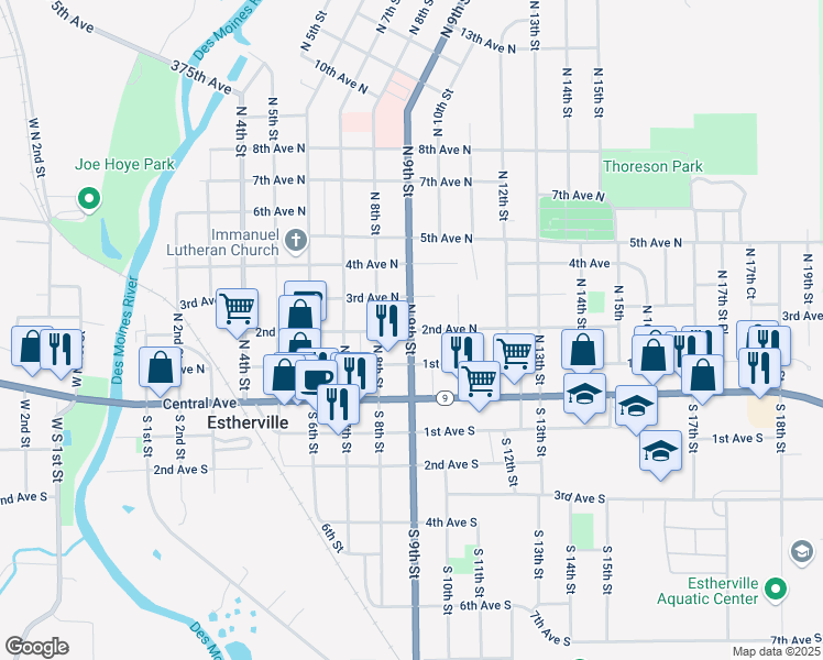 map of restaurants, bars, coffee shops, grocery stores, and more near 901 2nd Avenue North in Estherville