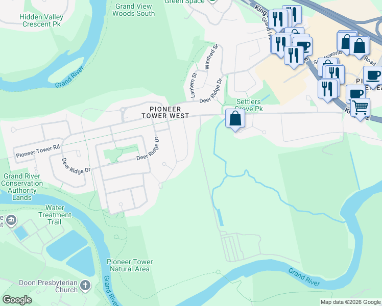 map of restaurants, bars, coffee shops, grocery stores, and more near 39 Pioneer Ridge Drive in Kitchener