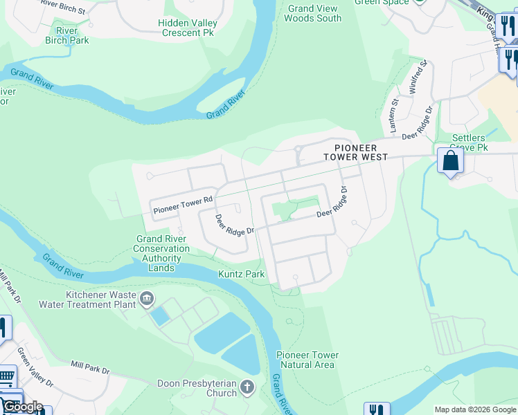 map of restaurants, bars, coffee shops, grocery stores, and more near 219 Terrace Wood Crescent in Kitchener