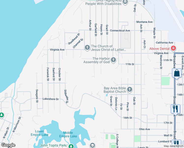 map of restaurants, bars, coffee shops, grocery stores, and more near 2190 Garfield Street in North Bend