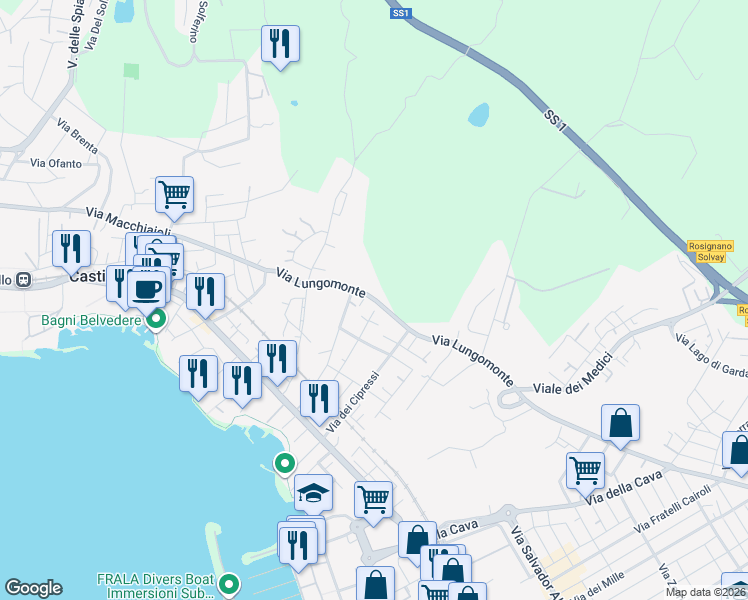 map of restaurants, bars, coffee shops, grocery stores, and more near 66 Via Lungomonte in Castiglioncello