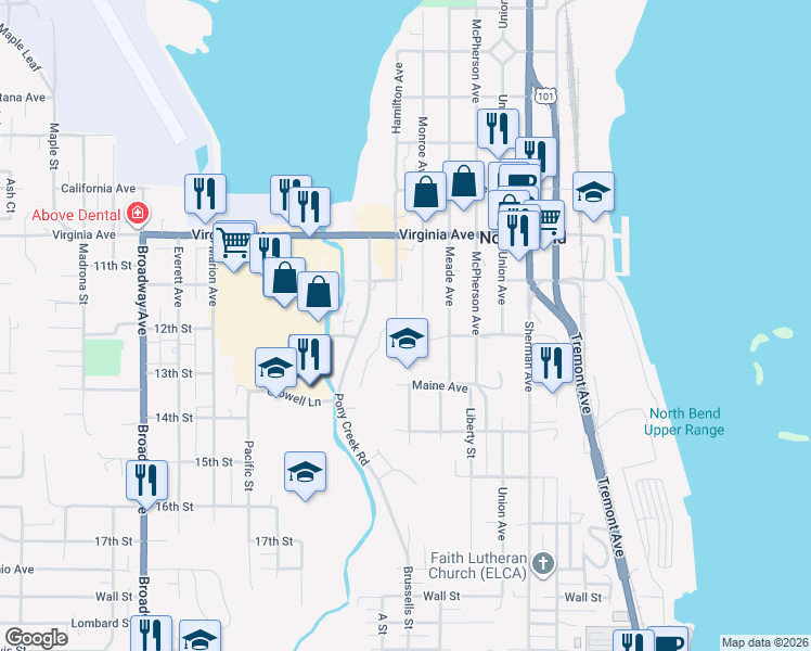 map of restaurants, bars, coffee shops, grocery stores, and more near 2211 Hamilton Avenue in North Bend