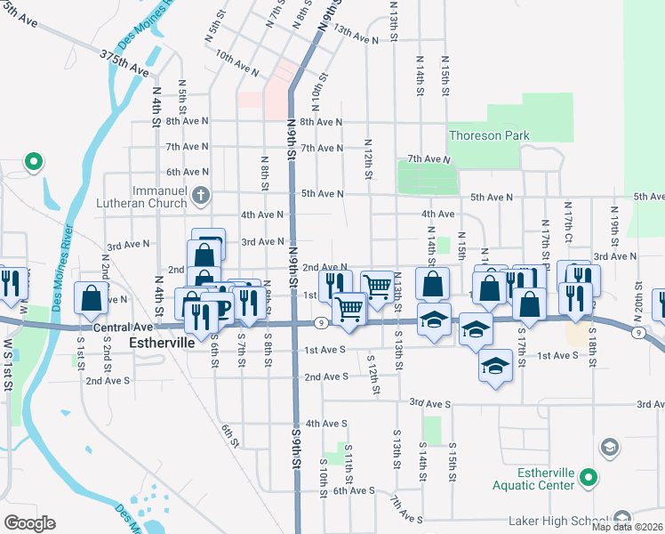map of restaurants, bars, coffee shops, grocery stores, and more near 1001 2nd Avenue North in Estherville