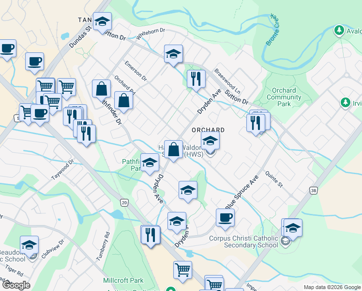 map of restaurants, bars, coffee shops, grocery stores, and more near 2254 Orchard Road in Burlington