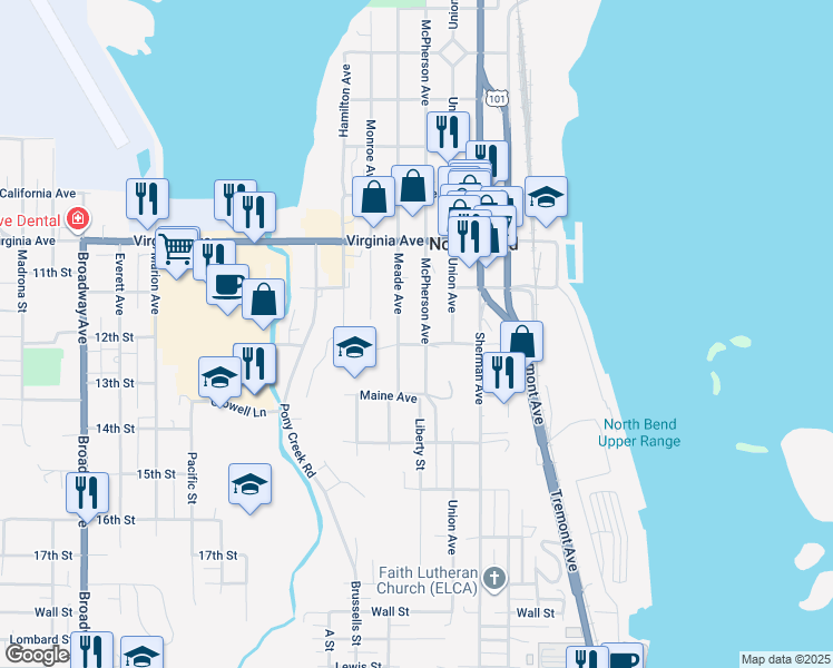 map of restaurants, bars, coffee shops, grocery stores, and more near 2181 Meade Avenue in North Bend