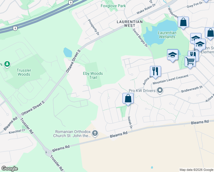 map of restaurants, bars, coffee shops, grocery stores, and more near in Kitchener