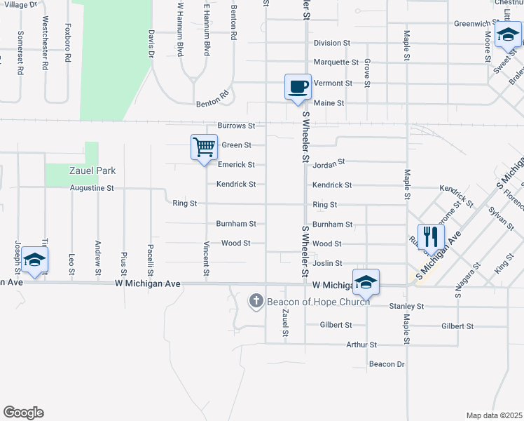 map of restaurants, bars, coffee shops, grocery stores, and more near 2103 Ring Street in Saginaw