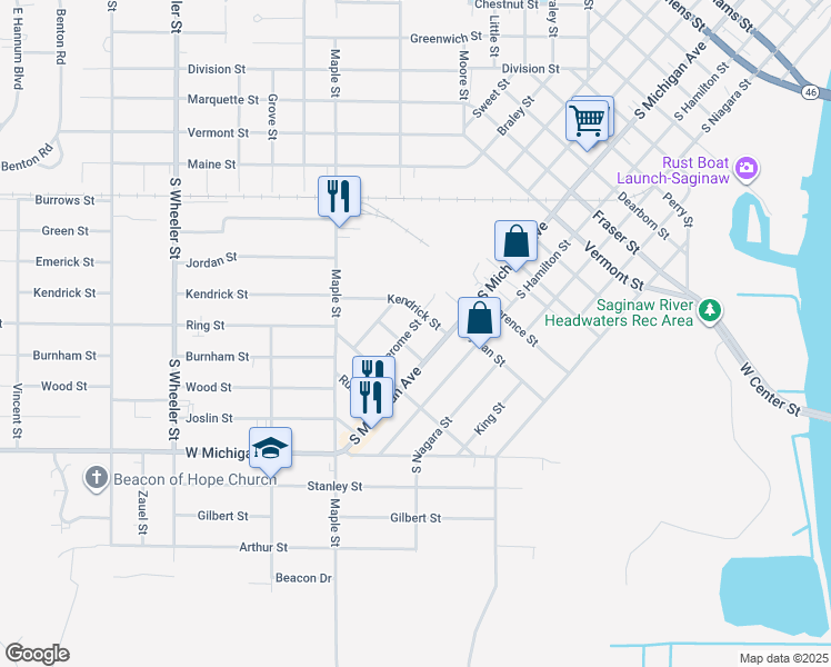 map of restaurants, bars, coffee shops, grocery stores, and more near 2216 Jerome Street in Saginaw