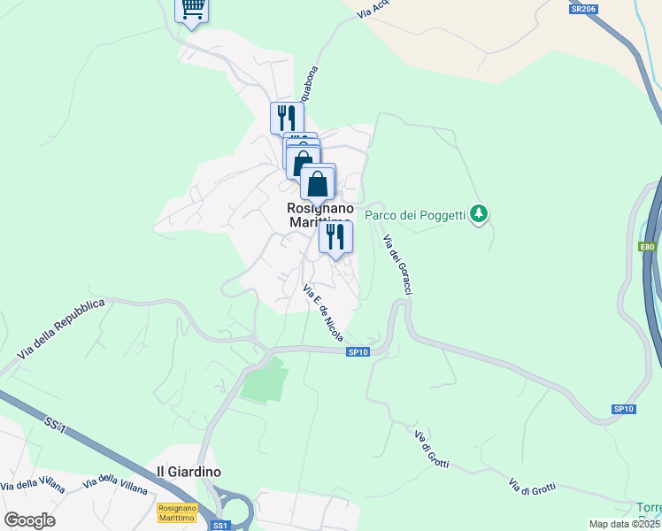 map of restaurants, bars, coffee shops, grocery stores, and more near 22 Via del Castello in Rosignano Marittimo