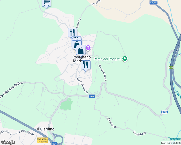 map of restaurants, bars, coffee shops, grocery stores, and more near 13a Via del Castello in Rosignano Marittimo