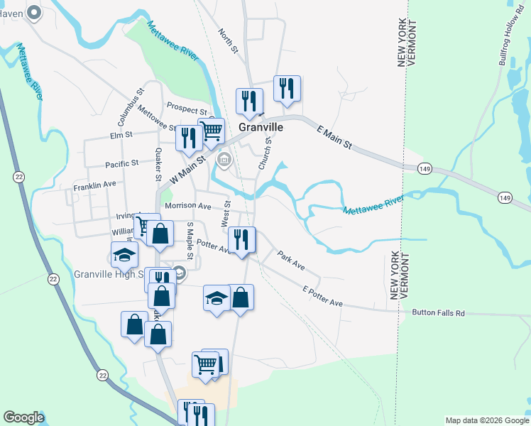 map of restaurants, bars, coffee shops, grocery stores, and more near 42 Church Street in Granville