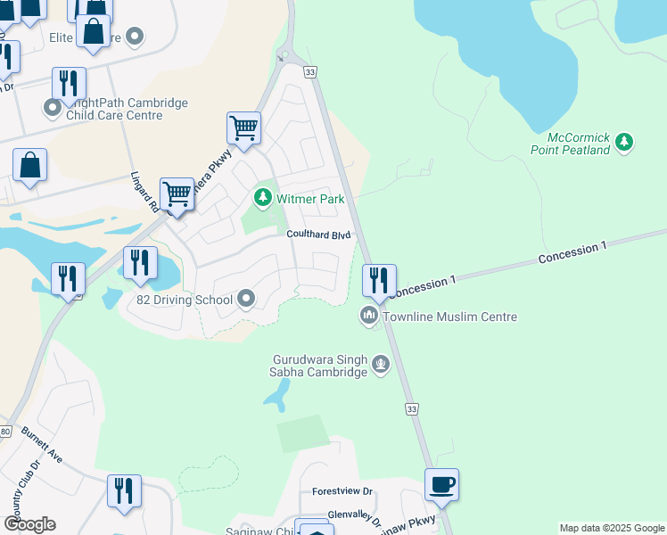 map of restaurants, bars, coffee shops, grocery stores, and more near 4 Brayshaw Drive in Cambridge
