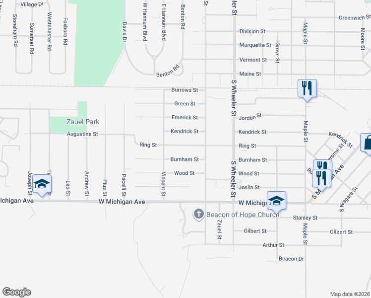 map of restaurants, bars, coffee shops, grocery stores, and more near 4023 Ring Street in Saginaw