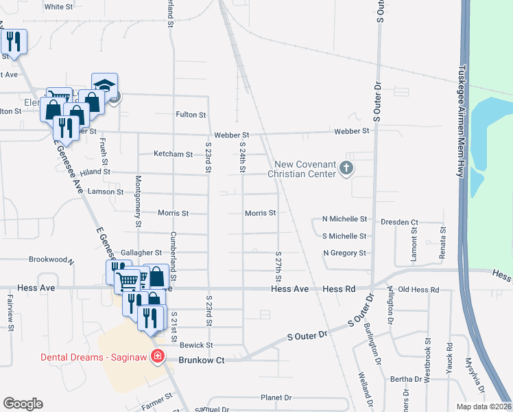 map of restaurants, bars, coffee shops, grocery stores, and more near 4421 Morris Street in Saginaw