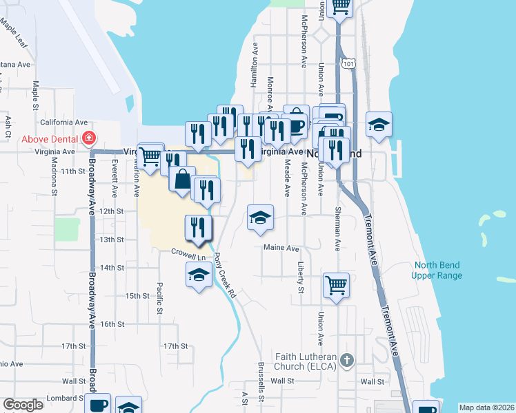 map of restaurants, bars, coffee shops, grocery stores, and more near 2211 Hamilton Avenue in North Bend