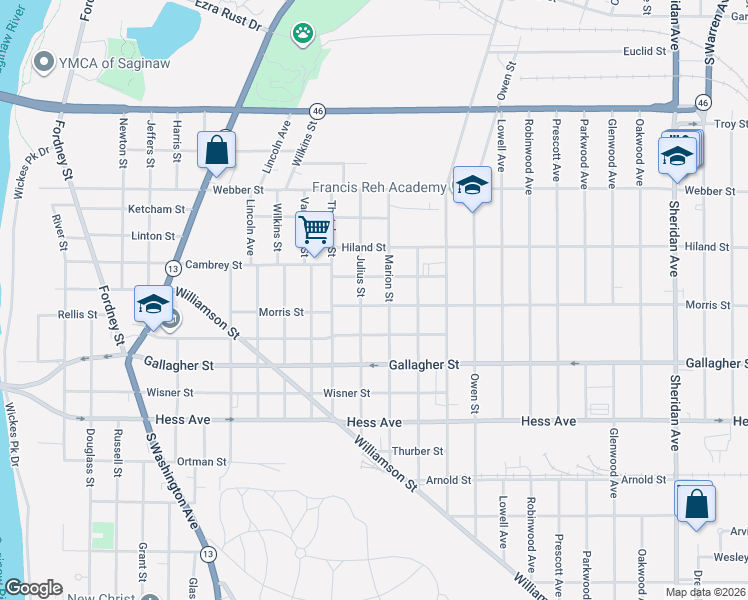 map of restaurants, bars, coffee shops, grocery stores, and more near 2424 Julius Street in Saginaw