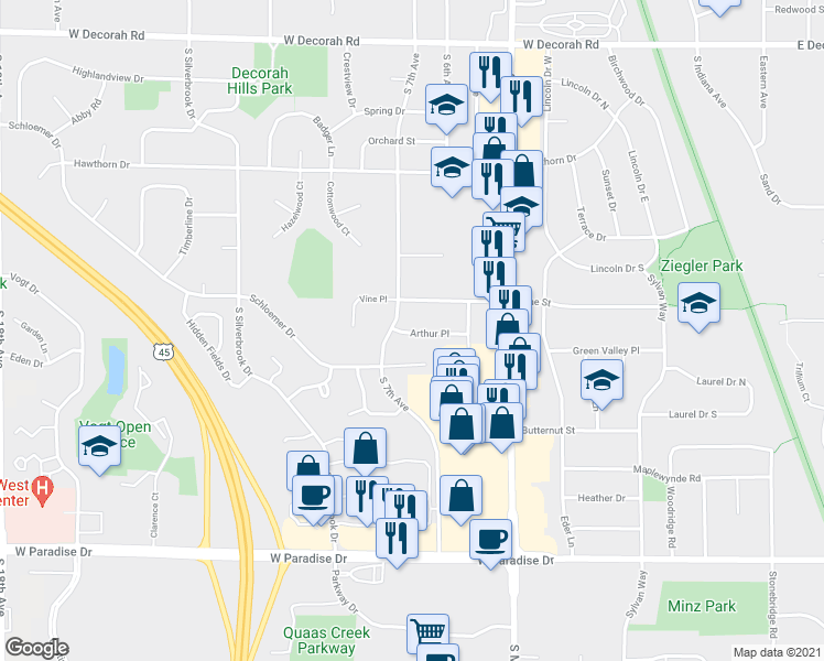 map of restaurants, bars, coffee shops, grocery stores, and more near 630 Arthur Place in West Bend