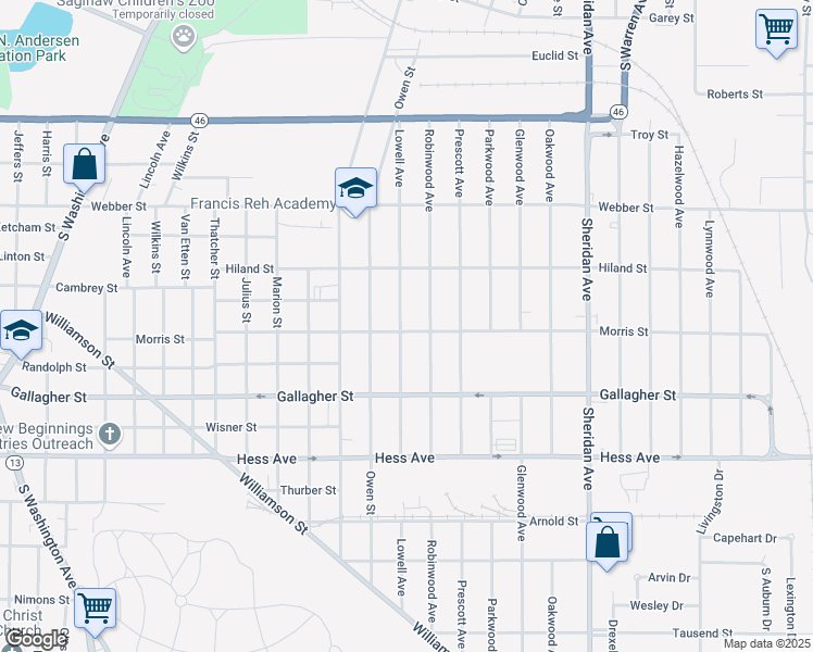 map of restaurants, bars, coffee shops, grocery stores, and more near 2424 Lowell Avenue in Saginaw