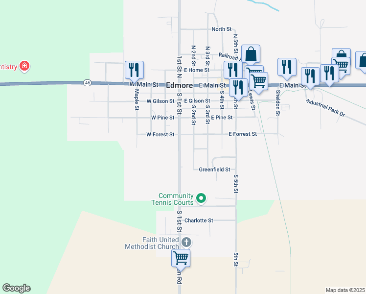 map of restaurants, bars, coffee shops, grocery stores, and more near 417 South 1st Street in Edmore