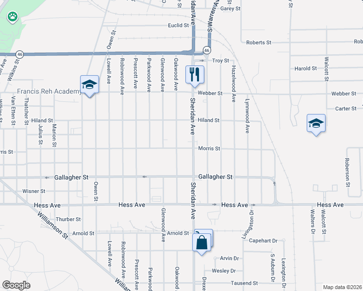 map of restaurants, bars, coffee shops, grocery stores, and more near 2203 Morris Street in Saginaw