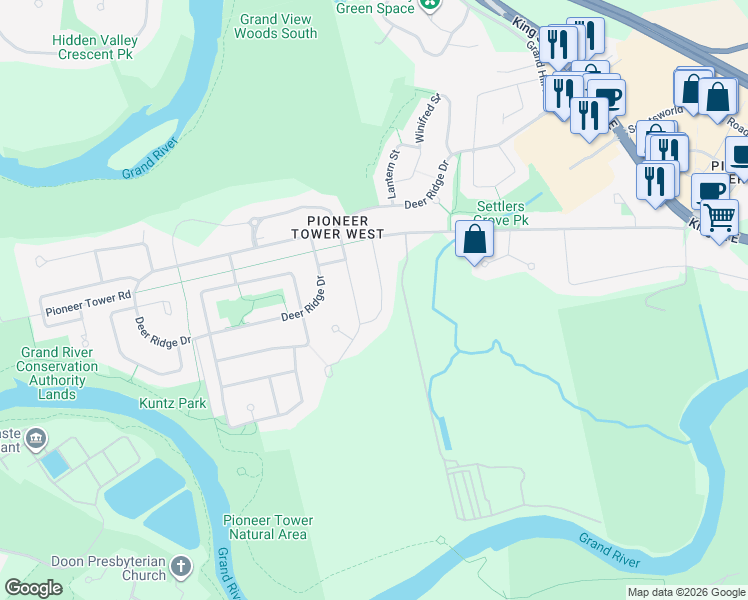map of restaurants, bars, coffee shops, grocery stores, and more near 39 Pioneer Ridge Drive in Kitchener