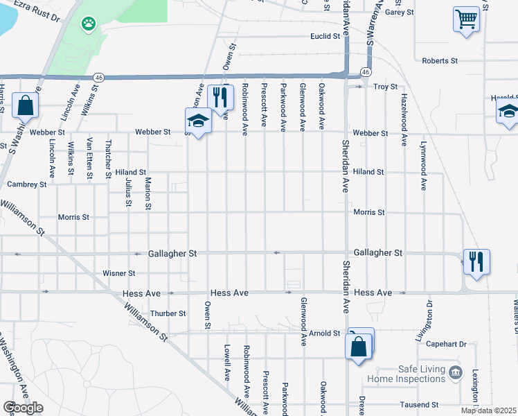 map of restaurants, bars, coffee shops, grocery stores, and more near 1821 Morris Street in Saginaw