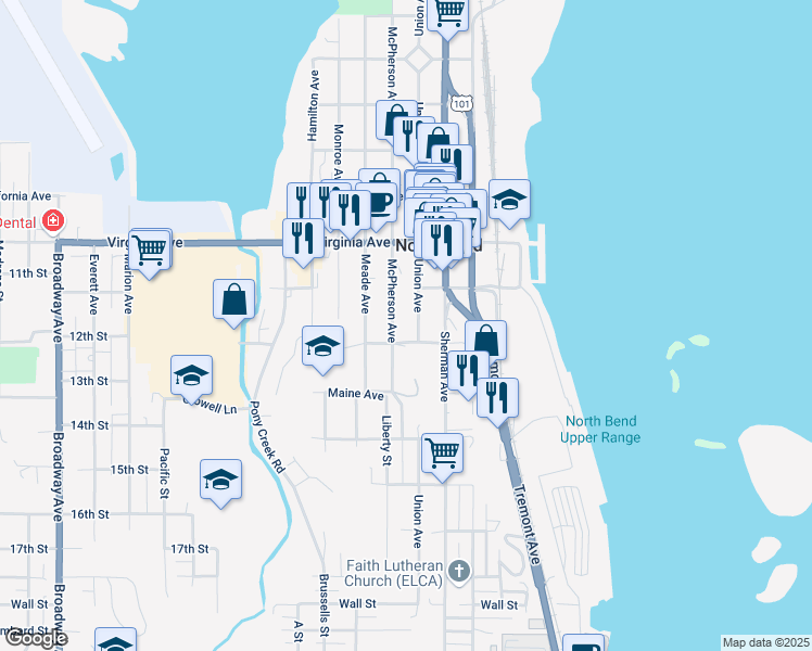 map of restaurants, bars, coffee shops, grocery stores, and more near 888 Vermont Avenue in North Bend