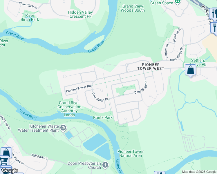 map of restaurants, bars, coffee shops, grocery stores, and more near 219 Terrace Wood Crescent in Kitchener