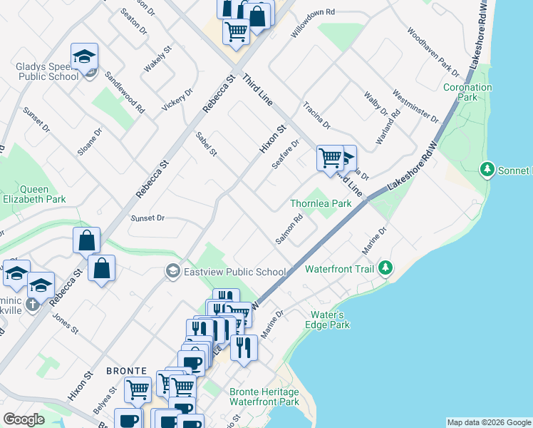 map of restaurants, bars, coffee shops, grocery stores, and more near 154 Sabel Street in Oakville