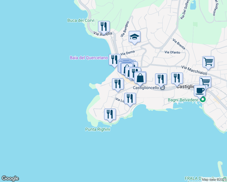 map of restaurants, bars, coffee shops, grocery stores, and more near 22 Via Diego Martelli in Rosignano Solvay-Castiglioncello