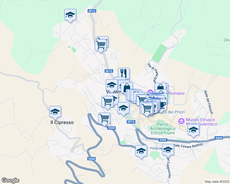 map of restaurants, bars, coffee shops, grocery stores, and more near in Volterra