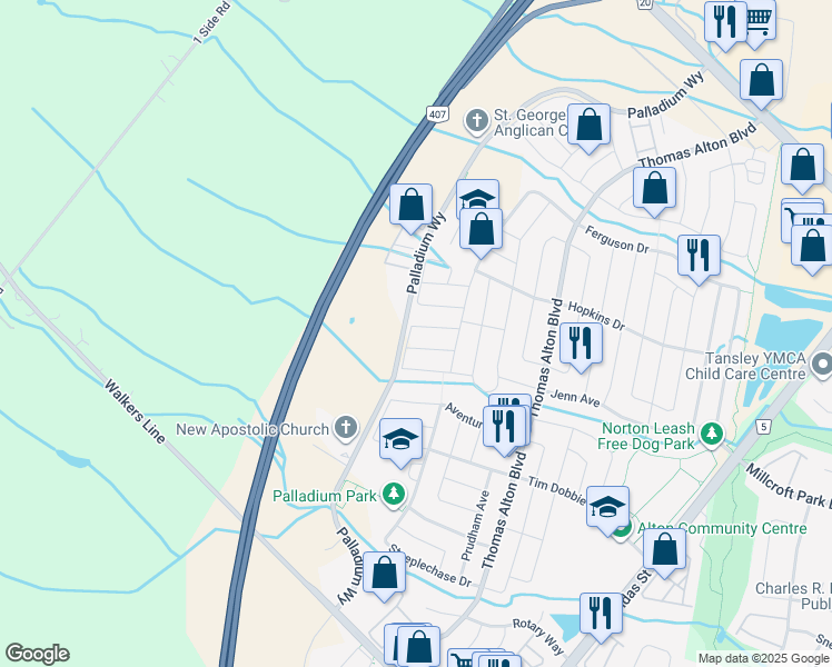 map of restaurants, bars, coffee shops, grocery stores, and more near 3352 Terra Cotta Lane in Burlington