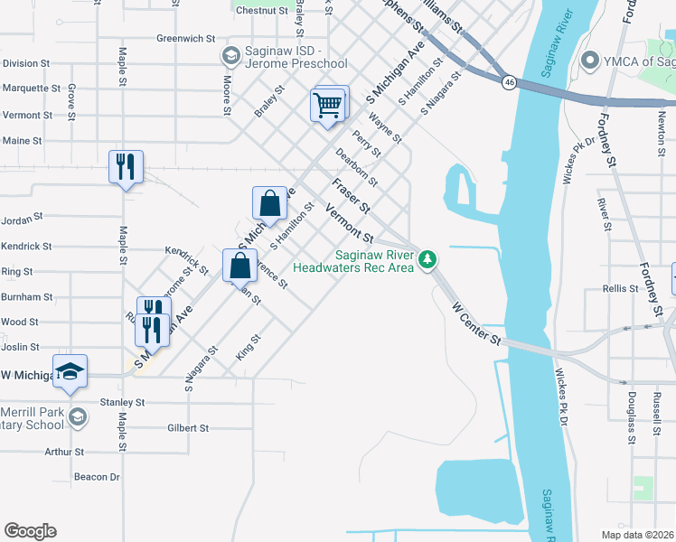 map of restaurants, bars, coffee shops, grocery stores, and more near 1815 Salt Street in Saginaw