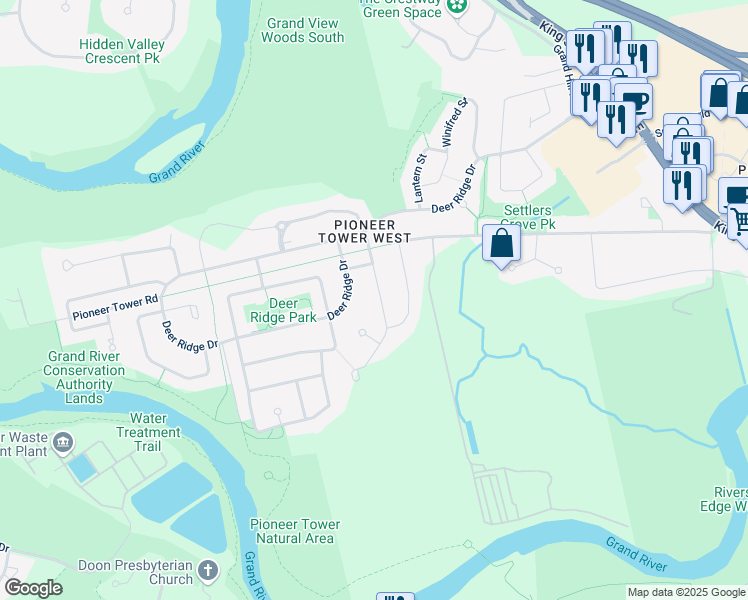 map of restaurants, bars, coffee shops, grocery stores, and more near 43 Fall Harvest Drive in Kitchener