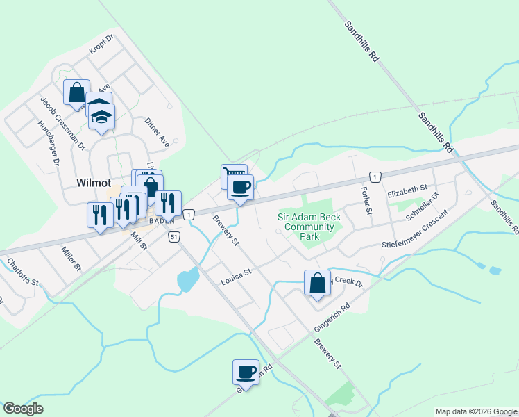 map of restaurants, bars, coffee shops, grocery stores, and more near 19 Coachman's Lane in Baden