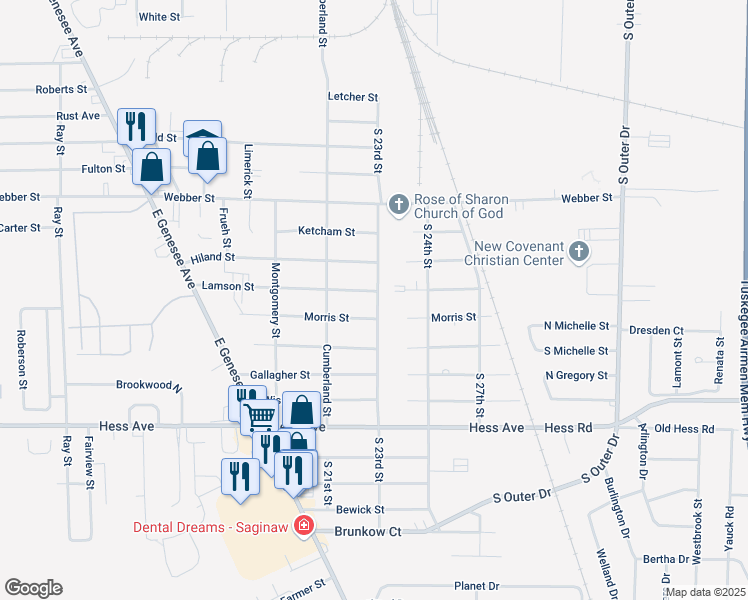 map of restaurants, bars, coffee shops, grocery stores, and more near 2419 South 23rd Street in Saginaw