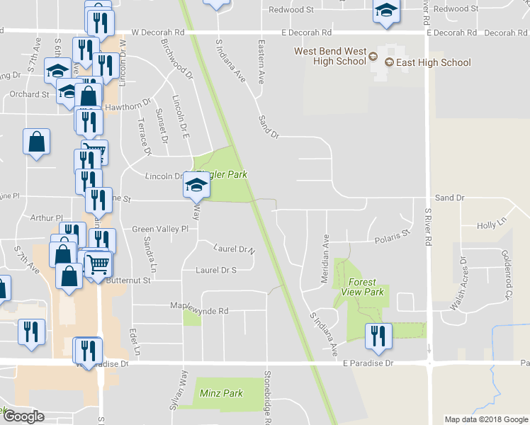 map of restaurants, bars, coffee shops, grocery stores, and more near 203 Hargrove Place in West Bend