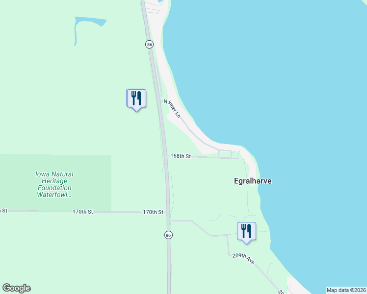 map of restaurants, bars, coffee shops, grocery stores, and more near 2051-2089 168th Street in Spirit Lake