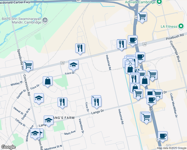 map of restaurants, bars, coffee shops, grocery stores, and more near 283 Newport Drive in Cambridge
