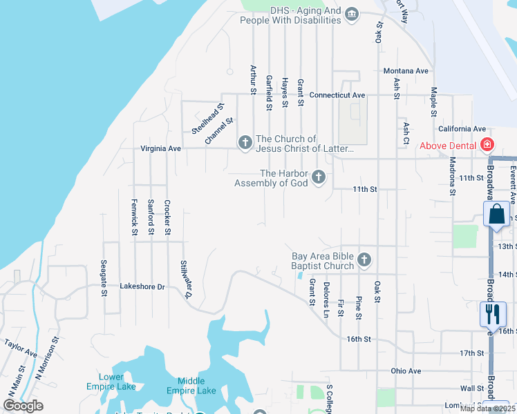 map of restaurants, bars, coffee shops, grocery stores, and more near 2190 Garfield Street in North Bend