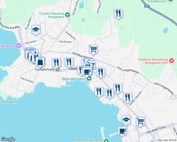 map of restaurants, bars, coffee shops, grocery stores, and more near 10 Via G. Leopardi in Rosignano Solvay-castiglioncell
