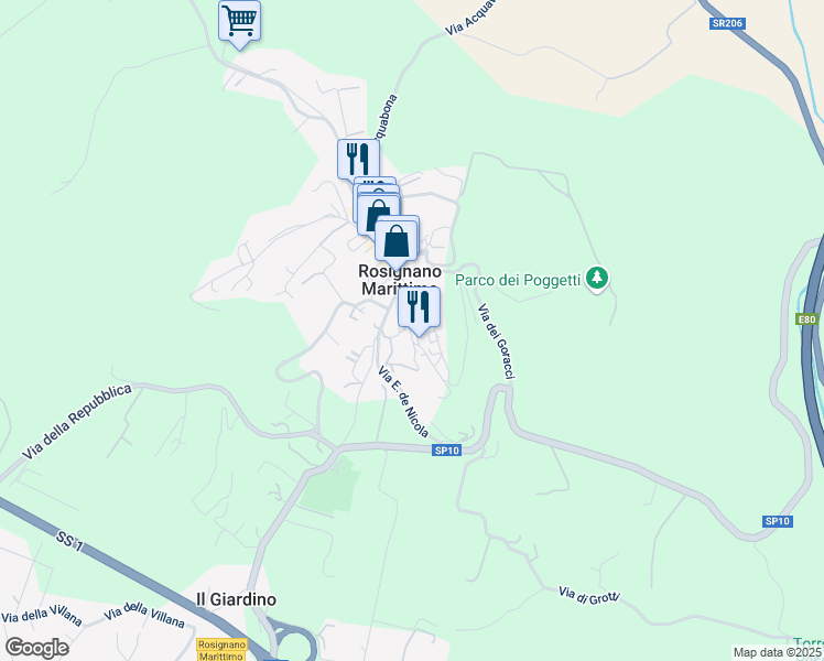 map of restaurants, bars, coffee shops, grocery stores, and more near 22 Via del Castello in Rosignano Marittimo