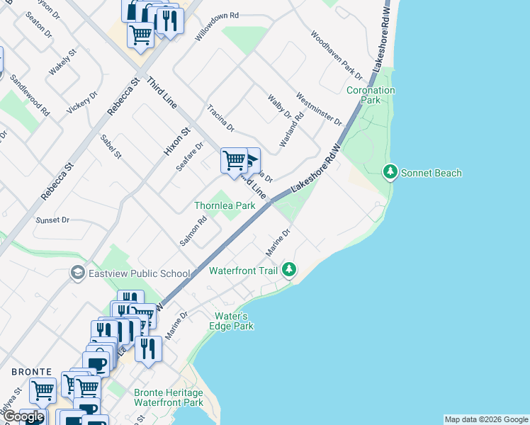 map of restaurants, bars, coffee shops, grocery stores, and more near in Oakville