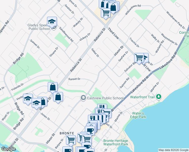 map of restaurants, bars, coffee shops, grocery stores, and more near 221 Sunset Drive in Oakville