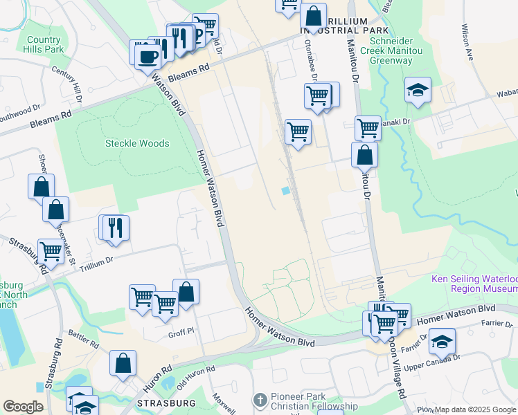 map of restaurants, bars, coffee shops, grocery stores, and more near 160 Bullock Street in Kitchener
