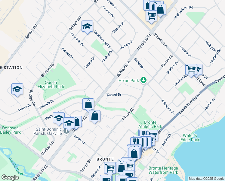 map of restaurants, bars, coffee shops, grocery stores, and more near 2213 Sunnyvale Drive in Oakville