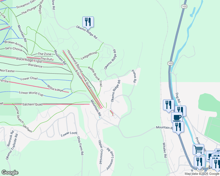 map of restaurants, bars, coffee shops, grocery stores, and more near 179 Okemo Ridge Road in Windsor County
