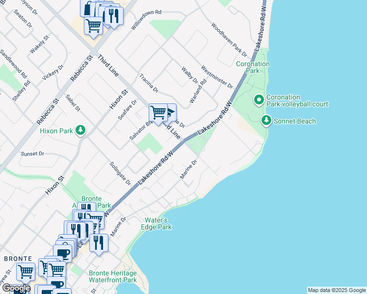 map of restaurants, bars, coffee shops, grocery stores, and more near 62 Third Line in Oakville