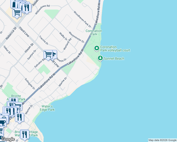 map of restaurants, bars, coffee shops, grocery stores, and more near 14 Belvedere Drive in Oakville