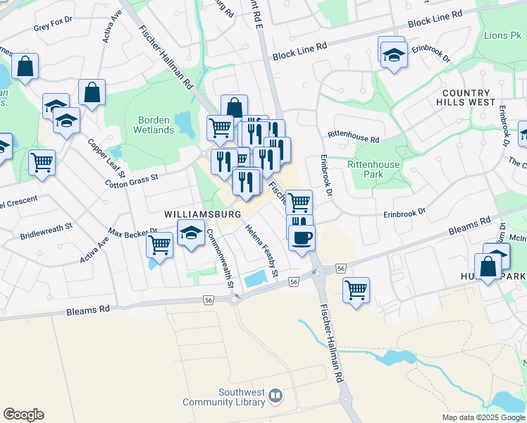 map of restaurants, bars, coffee shops, grocery stores, and more near 120 Helena Feasby Street in Kitchener